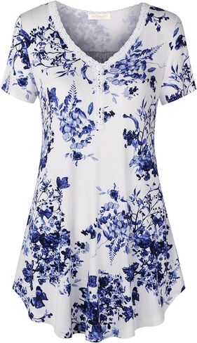 BAISHENGGT Women's Short Sleeve Tops Lace Trim V Neck Buttons Tunic Tops for Leggings Summer Blouse Shirts in Saudi Arabia