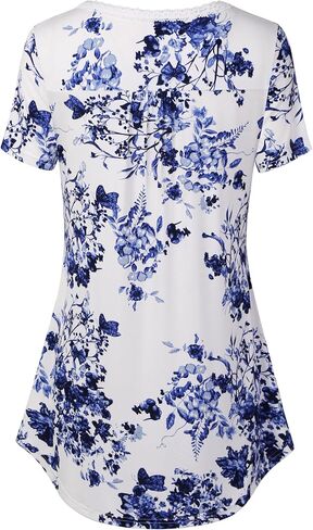 BAISHENGGT Women's Short Sleeve Tops Lace Trim V Neck Buttons Tunic Tops for Leggings Summer Blouse Shirts in Saudi Arabia