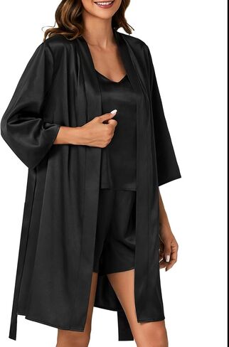 Vrtige Women's 3pcs Silk Satin Pajama Set Cami Top and Shorts Pjs Set Sleepwear with Robe in Saudi Arabia
