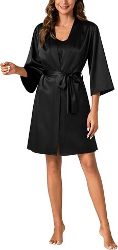 Vrtige Women's 3pcs Silk Satin Pajama Set Cami Top and Shorts Pjs Set Sleepwear with Robe in Saudi Arabia