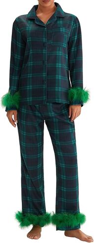 IMISSILLEB Womens Satin Silk Christmas Pajamas with Feathers Striped/Plaid/Santa Claus Print Button Down Shirts and Pjs Pants in Saudi Arabia