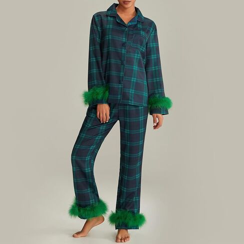 IMISSILLEB Womens Satin Silk Christmas Pajamas with Feathers Striped/Plaid/Santa Claus Print Button Down Shirts and Pjs Pants in Saudi Arabia
