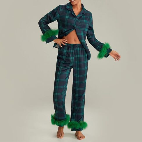 IMISSILLEB Womens Satin Silk Christmas Pajamas with Feathers Striped/Plaid/Santa Claus Print Button Down Shirts and Pjs Pants in Saudi Arabia