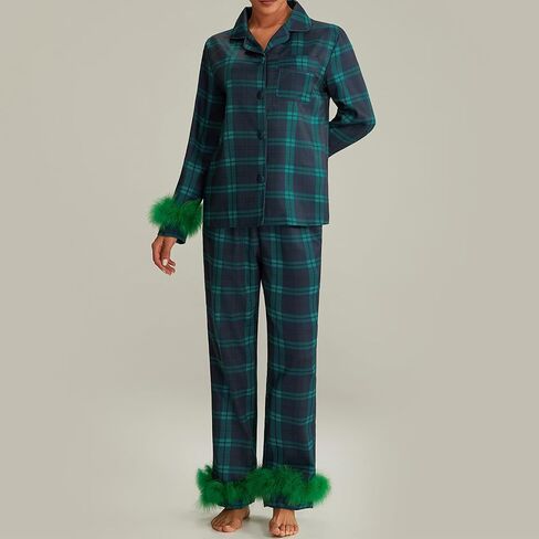 IMISSILLEB Womens Satin Silk Christmas Pajamas with Feathers Striped/Plaid/Santa Claus Print Button Down Shirts and Pjs Pants in Saudi Arabia