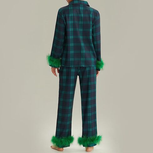 IMISSILLEB Womens Satin Silk Christmas Pajamas with Feathers Striped/Plaid/Santa Claus Print Button Down Shirts and Pjs Pants in Saudi Arabia
