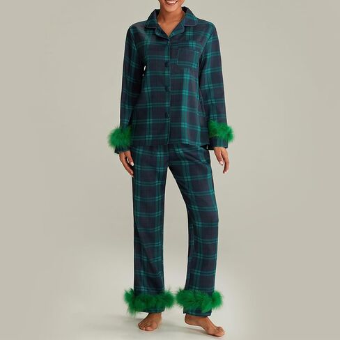 IMISSILLEB Womens Satin Silk Christmas Pajamas with Feathers Striped/Plaid/Santa Claus Print Button Down Shirts and Pjs Pants in Saudi Arabia