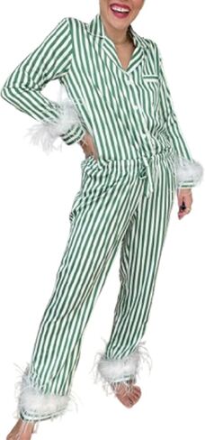 IMISSILLEB Womens Satin Silk Christmas Pajamas with Feathers Striped/Plaid/Santa Claus Print Button Down Shirts and Pjs Pants in Saudi Arabia
