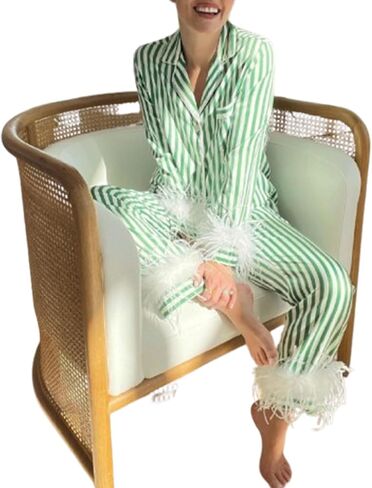 IMISSILLEB Womens Satin Silk Christmas Pajamas with Feathers Striped/Plaid/Santa Claus Print Button Down Shirts and Pjs Pants in Saudi Arabia
