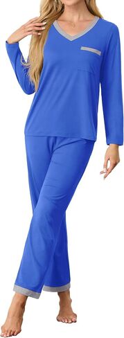 SHIJIALI Women's Pajama Sets 2 Piece Ladies Long Sleeve Lounge Outfits Long Pant Pjs With Pockets in Saudi Arabia