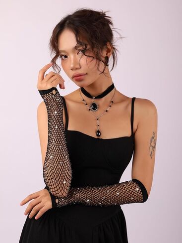 Sacina Fingerless Fishnet Gloves, Mesh Lace Gloves, Goth Punk Grunge Gloves in Kuwait