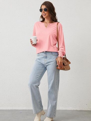 PGANDS Women's V Neck Shirts Ruffle Long Sleeve Loose Casual Tunic Tops in Saudi Arabia