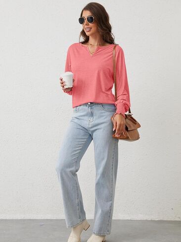 PGANDS Women's V Neck Shirts Ruffle Long Sleeve Loose Casual Tunic Tops in Saudi Arabia