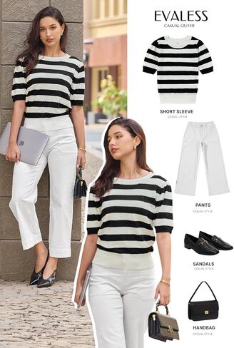 EVALESS Women's Short Sleeve Sweaters Tops Trendy Crewneck Striped Hollow Out Knit T Shirts Casual Summer Blouses in Saudi Arabia