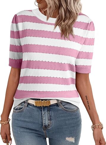 EVALESS Women's Short Sleeve Sweaters Tops Trendy Crewneck Striped Hollow Out Knit T Shirts Casual Summer Blouses in Saudi Arabia
