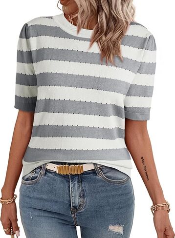 EVALESS Women's Short Sleeve Sweaters Tops Trendy Crewneck Striped Hollow Out Knit T Shirts Casual Summer Blouses in Saudi Arabia