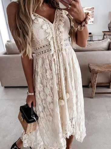 CUPSHE Women's Beige Maxi Lace Dress and Jumpsuit Summer Beige, Large in Saudi Arabia