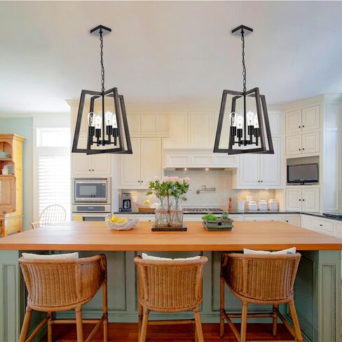 Farmhouse Dining Room Chandelier, 4 Light Kitchen Lighting Fixtures Ceiling, Black Modern Chandelier, Wood Pendant Light Fixtures Adjustable Metal Chains in Saudi Arabia