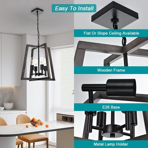 Farmhouse Dining Room Chandelier, 4 Light Kitchen Lighting Fixtures Ceiling, Black Modern Chandelier, Wood Pendant Light Fixtures Adjustable Metal Chains in Saudi Arabia