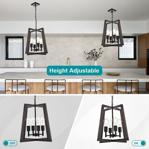 Farmhouse Dining Room Chandelier, 4 Light Kitchen Lighting Fixtures Ceiling, Black Modern Chandelier, Wood Pendant Light Fixtures Adjustable Metal Chains in Saudi Arabia