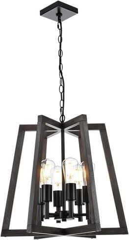 Farmhouse Dining Room Chandelier, 4 Light Kitchen Lighting Fixtures Ceiling, Black Modern Chandelier, Wood Pendant Light Fixtures Adjustable Metal Chains in Saudi Arabia