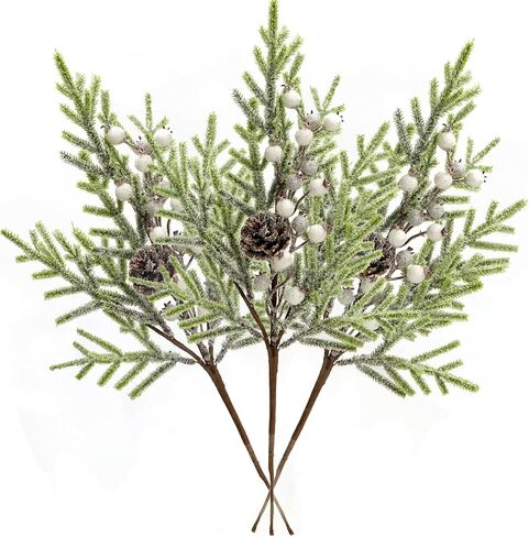 Christmas White Berry Picks, 3Pcs 17.7Inch Snow Frosted Artificial Pine Needles Holly Branches with Artificial White Berry and Pinecone Floral Picks and Spray for Winter Holiday Decor (3, White) in Saudi Arabia