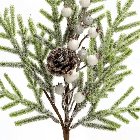 Christmas White Berry Picks, 3Pcs 17.7Inch Snow Frosted Artificial Pine Needles Holly Branches with Artificial White Berry and Pinecone Floral Picks and Spray for Winter Holiday Decor (3, White) in Saudi Arabia