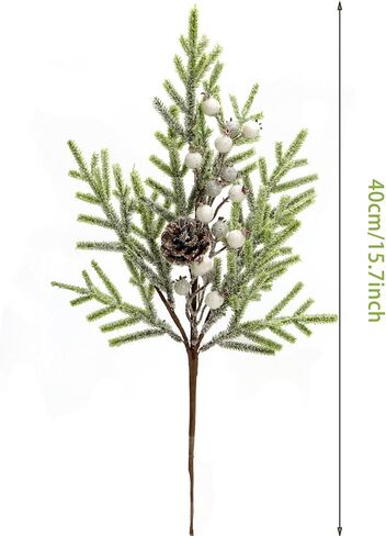 Christmas White Berry Picks, 3Pcs 17.7Inch Snow Frosted Artificial Pine Needles Holly Branches with Artificial White Berry and Pinecone Floral Picks and Spray for Winter Holiday Decor (3, White) in Saudi Arabia