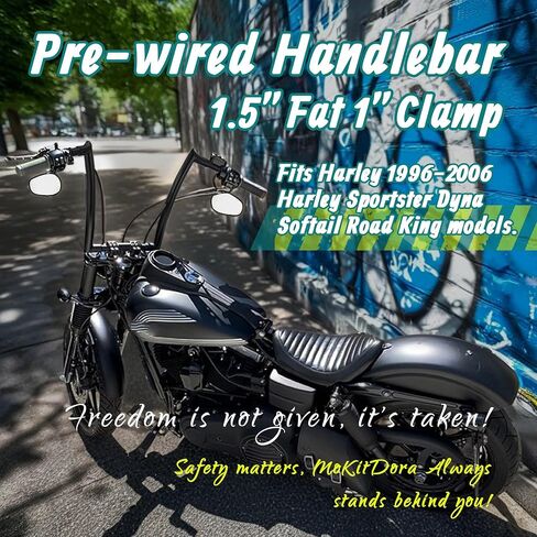 MoKitDora Sportster Dyna Softail Pre-wired Handlebar 14" Rise 1.5" Fat 1" Clamp Ape Hanger Meathook Bars for 1996-2006 Harley XL Road King FLHR (Except Softail Springer), Black in Saudi Arabia