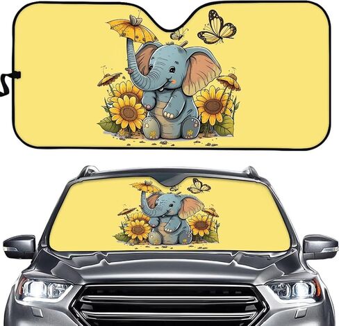 Windshield Sun Shade Cute Elephant Folding Car Front Window Sunshade Floral Sun Visor Retractable Sunshield Auto Windshield Sun Shield Universal Fit Most Vehicle Truck Cars Sedan in Saudi Arabia