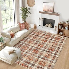 Modern Plaid Washable Rug 8x10 Rug for Living Room Soft Rugs for Bedroom Farmhouse Tartan Area Rug Non Shedding Non Slip Throw Rugs Stain Resistant Carpet for Nursery Office Rug 8'x10' Red