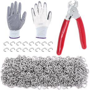 1003Pcs 3/8" Heavy Duty Galvanized Hog Rings with Straight Hog Ring Pliers Kit, Professional Upholstery Hog Rings and Protective Gloves Installation Kit for Bungee Shock, Cords, Pet Cages, Bags