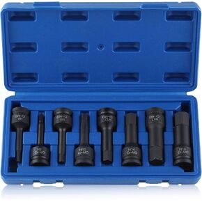 8PCS Impact Allen Socket Set, 1/2" Drive Impact Hex Driver Set, Metric H5-H19 Hex Bit Socket Set, Lengthen Allen Key Socket Set, Cr-Mo Steel 1-Piece Construction Impact Adapter, Case Included