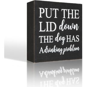Put the Lid Down the Dog Has a Drinking Problem Wooden Box Sign Decorative,Funny Bathroom Wood Box Sign, Rustic Farmhouse Square Desk Decor Sign for Shelf 5 x 5 Inches (Put Down-White)