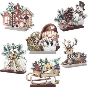 Blosssound 6 Pcs Winter Table Decorations Wooden Table Centerpieces Pine Cone Moose Sled Snowman Reindeer Gnomes Table Signs for Christmas Holiday Farmhouse Party Indoor Tabletop Desk Decor