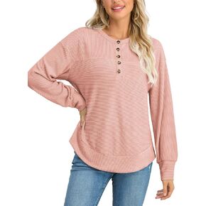 HWOKEFEIYU Long Sleeve Henley Shirts Button Top Casual Ribbed Knit V Neck Tunics Curved Split Hem Loose Work Blouse
