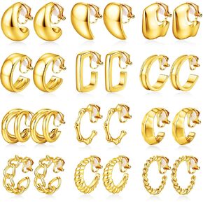 WAINIS Gold Silver Clip on Earrings for Women 14K Gold Tone Chunky Hoop Clip Earrings Trendy Clip on Hoop Earrings Non-Pierced Fake Jewelry