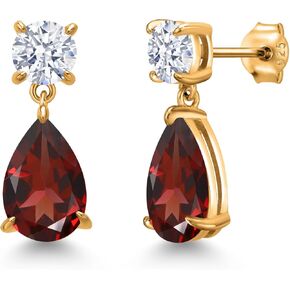 Gem Stone King 18K Yellow Gold Plated Silver Red Garnet and White Zirconia Teardrop Dangle Drop Earrings For Women (9.34 Cttw, Gemstone Birthstone, Pear Shape 12x8MM, Round 6MM)