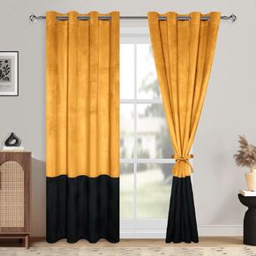XWZO Gold Black Velvet Color Block Curtains 84 inches Long with Tiebacks Set of 2 Room Darkening Grommet Window Treatment Panels for Bedroom Living Room Luxury Modern Blackout Curtains