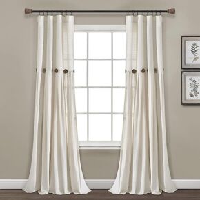 Lush Decor Linen Button Window Curtain Panel, Single, 40" W x 108" L, Off White - Country Curtains - Rustic Decor -Color Block Modern Farmhouse Curtains For Living Room, Bedroom & Dining Room