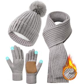 Zando Winter Beanie Hat Scarf Gloves Set for Women Warm Fleece Lined Knit Beanie with Pom Pom Winter Accessories for Women