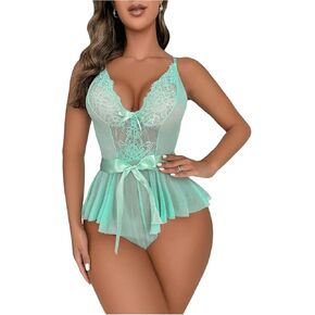 SOLY HUX Women's Lace Mesh Bodysuit Lingerie Ruffle Hem Belted Teddy Babydoll Nightwear