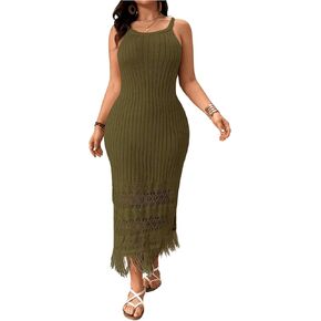 MakeMeChic Women's Plus Size Cami Long Dress Ribbed Knit Sleeveless Maxi Dress Split Side Fringe Trim Boho Bodycon Dresses