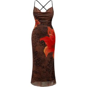 Milumia Women's Leopard Floral Criss Cross Cami Dress Ruched Bodycon Midi Dresses