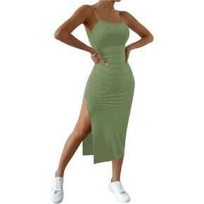 OYOANGLE Women's Twist Backless Sleeveless Split Thigh Fitted Bodycon Cami Midi Dress