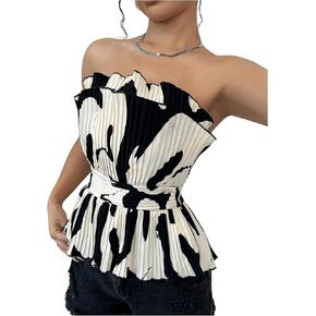 SweatyRocks Women's Ruffle Sleeveless Blouse Color Block Tube Tops Strapless Pleated Tops