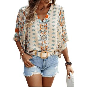 Verdusa Women's Boho Dolman 3/4 Sleeve V Neck Loose Blouse Casual Summer Top Shirts