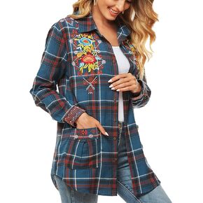 Higustar Women's Flannels Shirt Mexican Embroidered Bohemian Floral Tops CottonTunics Plaid Blouses with Pockets for Women