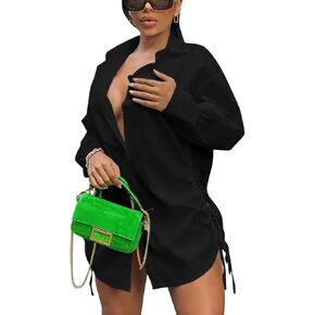 GEMEIQ Button Down Shirt Dress for Women Sexy V Neck Long Sleeve Night Out Club Blouse Dress with Drawstring Black L