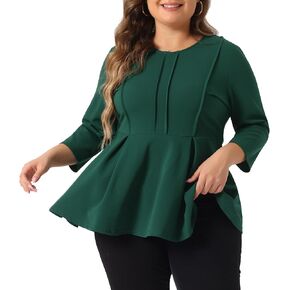 Agnes Orinda Plus Size Tops for Women Elegant Crew Neck Solid Color Workwear 3/4 Sleeve Peplum Top