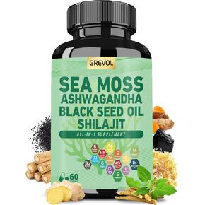 Sea Moss 8000mg Ashwagandha 3000mg Black Seed Oil 4000mg Shilajit 1000mg, Sea Moss Capsules with Burdock Turmeric Vitamins C & D3 Elderberry Ginger ACV Manuka Dandelion- 60 Count